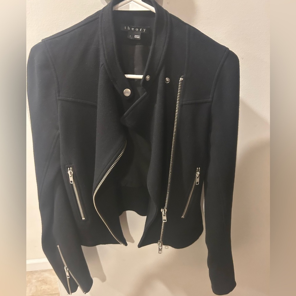 Theory Black Asymmetric Zip Leather-Style Jacket